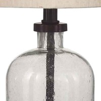 Benjara Cylindrical Seeded Glass Table Lamp With Fabric Drum Shade, Beige And Clear