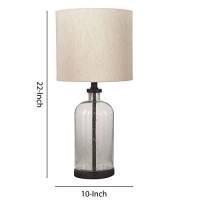 Benjara Cylindrical Seeded Glass Table Lamp With Fabric Drum Shade, Beige And Clear