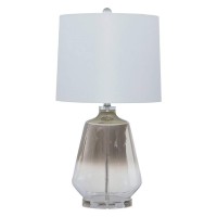 Benjara Sculptured Glass Frame Table Lamp With Fabric Shade, White And Gray