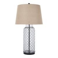 Benjara Woven Wire Wrapped Glass Base Table Lamp With Fabric Shade, Beige