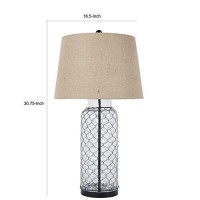 Benjara Woven Wire Wrapped Glass Base Table Lamp With Fabric Shade, Beige