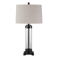 Benjara Glass And Metal Frame Table Lamp With Fabric Shade, Gray And Black