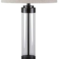 Benjara Glass And Metal Frame Table Lamp With Fabric Shade, Gray And Black