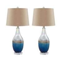 Benjara Vase Shape Frame Table Lamp With Fabric Shade Set Of 2 Beige And Blue