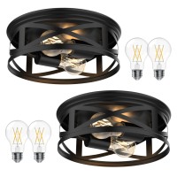 Sunco Lighting 2 Pack Farmhouse 2-Light Flush Mount Ceiling Light Fixture, Hallway Matte Black Outdoor Industrial Lights, E26 Base, A19 Edison Led Bulbs Included, 1600 Lm, For Kitchen Bathroom