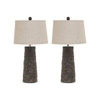 Benjara Textured Polyresin Table Lamp With Fabric Shade, Set Of 2, Beige And Gray