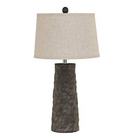 Benjara Textured Polyresin Table Lamp With Fabric Shade, Set Of 2, Beige And Gray