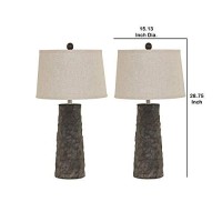 Benjara Textured Polyresin Table Lamp With Fabric Shade, Set Of 2, Beige And Gray