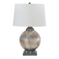 Benjara Bellied Glass Accent Table Lamp With Fabric Shade, White And Bronze