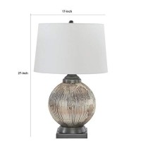 Benjara Bellied Glass Accent Table Lamp With Fabric Shade, White And Bronze