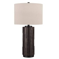 Benjara Textured Polyresin Frame Table Lamp With Drum Shade, White And Bronze