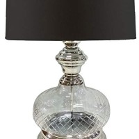 Benjara Pot Bellied Shape Glass Table Lamp With Metal Tier Base, Clear, Black