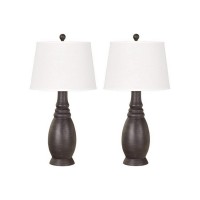 Add sophistication and charm at your living space by the inclusion of this eye catching table lamp available in a set of 2 It features a bellied resin body with ribbed details incorporating a 3 way switch for control and a tapered fabric shade that uses a