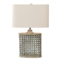 Benjara Metal Table Lamp With Lattice Design Body And Hardback Shade, Gray And Beige