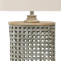 Benjara Metal Table Lamp With Lattice Design Body And Hardback Shade, Gray And Beige