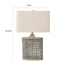 Benjara Metal Table Lamp With Lattice Design Body And Hardback Shade, Gray And Beige