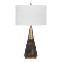 Benjara Wood And Metal Conical Base Table Lamp With Fabric Shade, Brass And White