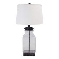 Benjara Smoky Glass Frame Table Lamp With Fabric Shade, Gray And Clear