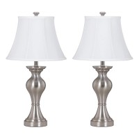 Benjara Metal Frame Table Lamp With Fabric Shade, Set Of 2, White And Silver