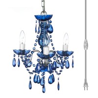 Gypsy Color The Original Plug-In 3 Light Cobalt Blue Hanging Swag Chandelier H17Axw12A, Silver Metal Frame With Blue Glass Stem And Blue Acrylic Crystals Beads That Sparkle Just Like Glass