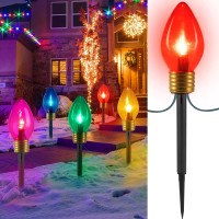 Jumbo C9 Christmas Lights Outdoor Decorations Lawn With Pathway Marker Stakes, 8.5 Feet Led Lights Covered Jumbo Multicolored Light Bulb For Holiday Outside Yard Garden Decor, 5 Lights