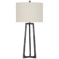 Benjara Hammered Tubular Metal Table Lamp With Fabric Drum Shade, Gray And White