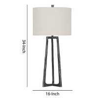 Benjara Hammered Tubular Metal Table Lamp With Fabric Drum Shade, Gray And White