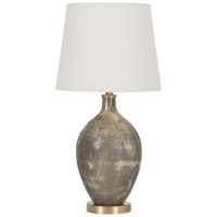 Benjara Pot Bellied Glass Table Lamp With Fabric Shade, Brass And White