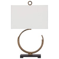 Benjara Crescent Shape Metal Table Lamp With Fabric Drum Shade, Brass And White