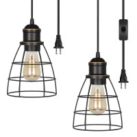 Dewenwils Plug In Pendant Light Black Farmhouse Cage Pendant Light Fixtures With 15Ft Cord Hanging Lights For Bedroom Kitchen