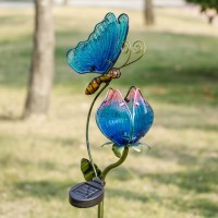 Teresa'S Collections Flower Yard Decorations Outdoor, 42'' Blue Glass Butterfly Solar Outdoor Lights Garden Decor For Outside, Pathway Yard Art Garden Stake Decorative For Patio Decor,Gift For Dad