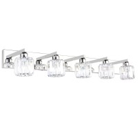 Aipsun Crystal Bathroom Vanity Light Stainless Steel Modern Vanity Light 5 Lights Crystal Bathroom Vanity Light Fixtures (Exclude Bulb)