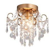 Q&S Mini Chandelier Crystal Ceiling Light,Small Flush Mount Gold Light Fixture For Entryway Bedroom Barthroom Hallway Closet E12