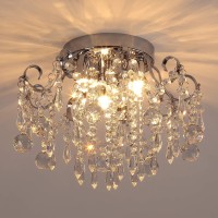 Q&S Small Crystal Chandelier Flush Mount Ceiling Light 3 Lights Modern Chrome Iron Raindrop Crystal Ceiling Fixture For Bedroom Hallway Closet Entryway Stairs