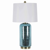 Benjara Glass Table Lamp With Cylindrical Support And Round Base, Blue