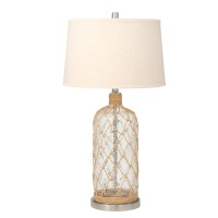 Benjara Fabric Shade Table Lamp With Rope Overlapping Glass Bottle Base, Beige