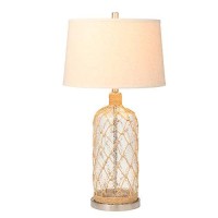 Benjara Fabric Shade Table Lamp With Rope Overlapping Glass Bottle Base, Beige