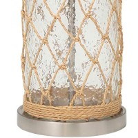 Benjara Fabric Shade Table Lamp With Rope Overlapping Glass Bottle Base, Beige