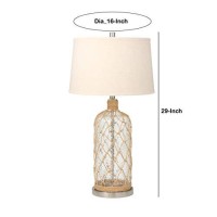 Benjara Fabric Shade Table Lamp With Rope Overlapping Glass Bottle Base, Beige