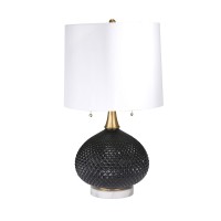 Benjara 27 Inch Glass Table Lamp With Round Base And Carved Diamond Pattern, Black