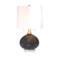 Benjara 27 Inch Glass Table Lamp With Round Base And Carved Diamond Pattern, Black