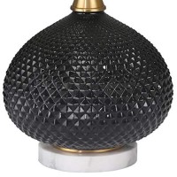 Benjara 27 Inch Glass Table Lamp With Round Base And Carved Diamond Pattern, Black