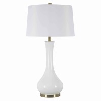 Benjara Conical Drum Shade Table Lamp With Elongated Bellied Glass Base, White