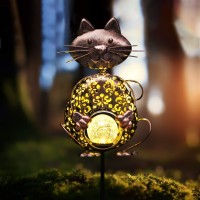 Kaixoxin Garden Solar Lights Metal Cat Crackle Glass Globe Stake Lights,Waterproof Warm White Led Solar Path Lights (Cat-Bronze)