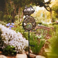 Kaixoxin Garden Solar Lights Metal Cat Crackle Glass Globe Stake Lights,Waterproof Warm White Led Solar Path Lights (Cat-Bronze)