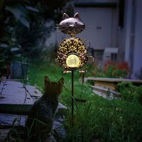 Kaixoxin Garden Solar Lights Metal Cat Crackle Glass Globe Stake Lights,Waterproof Warm White Led Solar Path Lights (Cat-Bronze)