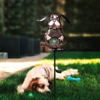 Kaixoxin Garden Solar Lights Metal Dog Crackle Glass Globe Stake Lights Waterproof Warm White Led Solar Path Lights Dogbronze