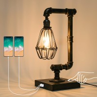 Ganiude Steampunk Table Lamp, Industrial Desk Lamp With Usb Ports, Rustic Edison Bulb Lamp