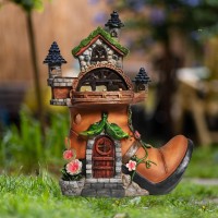 Asawasa Resin Flocked Fairy House With Solar Powered Lights Funny Garden Statues And Sculpturesexquisite Garden Cottage Figuri