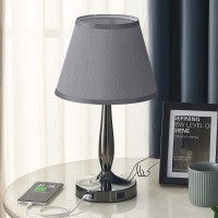 Touch Table Lamp With Usb Ports, 3-Way Dimmable Modern Small Nightstand Lamp For Bedroom, Living Room & Office, Bedside Lamp W/ Grey Trapezoid Shade And Metal Base, Led Bulb Included